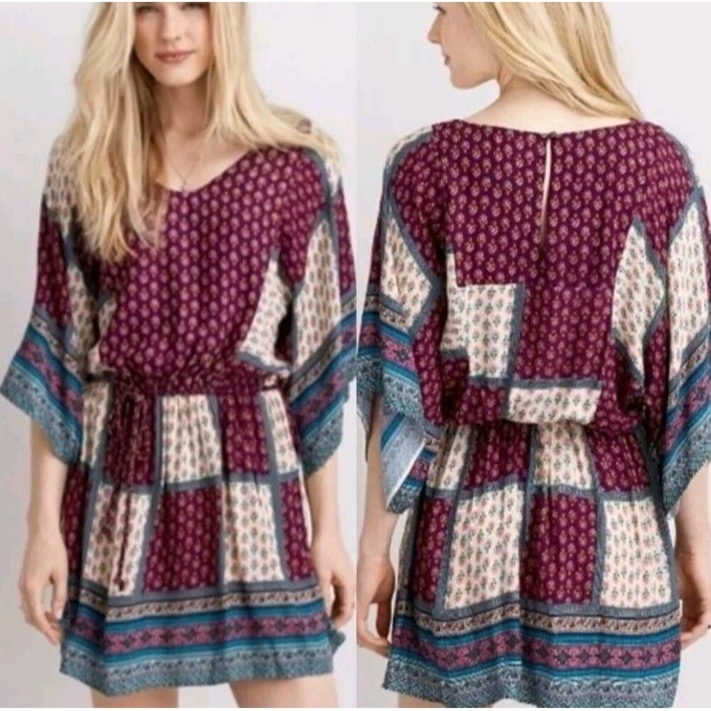 American Eagle Patchwork Mini Dress Womens XXS Burgundy Tie Back Boho Western